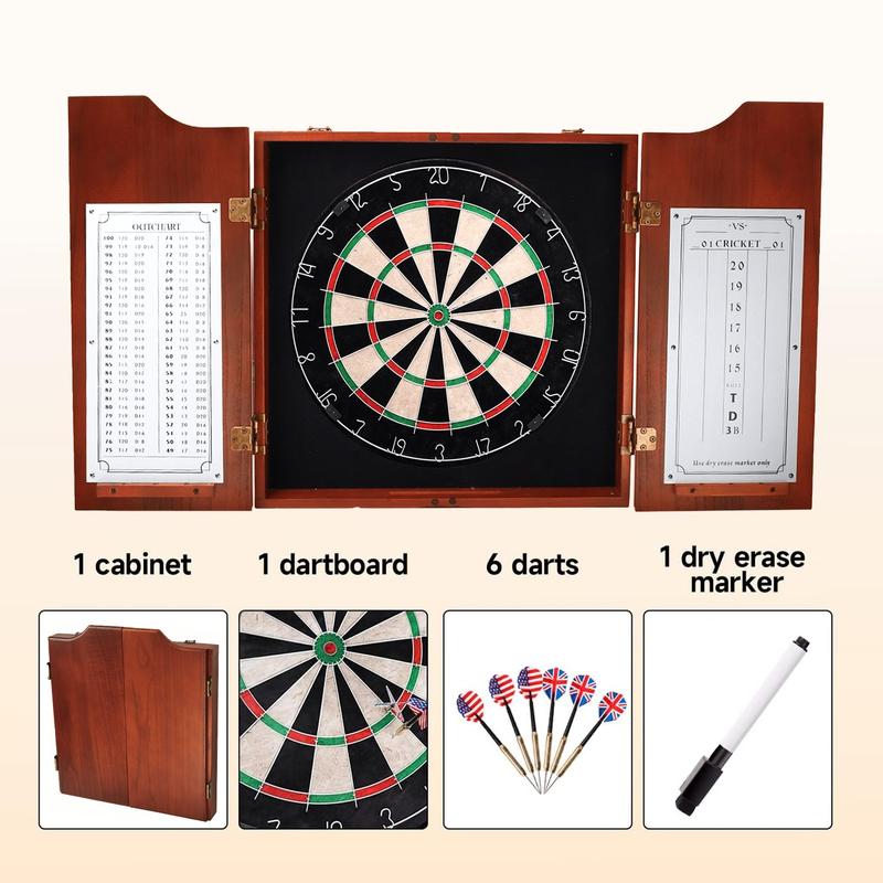 Dartboard Cabinet with Sisal Bristle Dartboard, Dart Scoreboard, and Steel Tip Darts