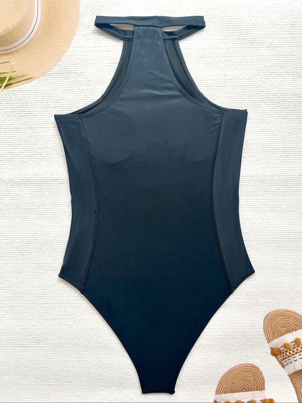 Women's Colorblock Zipper One-piece Swimsuit, Casual Sleeveless Round Neck Swimwear for Summer, Ladies Swimsuit for Beach Holiday Vacation