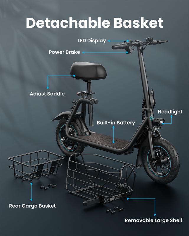 Electric Scooter with Seat for Adults, 550W Powerful Motor, 20-Mile Range, Speed up to 18.6MPH, Ample Storage for Pets & Cargo, Electrically-Powered Motor Scooters