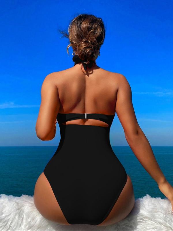 Women's Criss Cross Cut Out One-Piece Swimsuit, Chic Ruched Tie Back Halter Swimwear, Ladies Summer Clothes