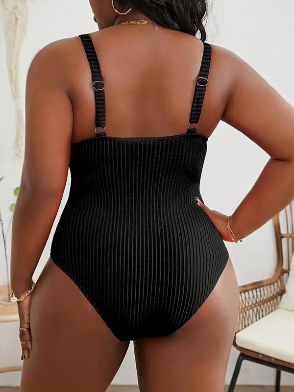 Plus Size Solid Color V Neck One-Piece Tank Swimsuit, Plus Women's Sexy Sleeveless Ribbed Swimwear for Summer, Plus Ladies One Piece Swimsuit for Beach Holiday Vacation
