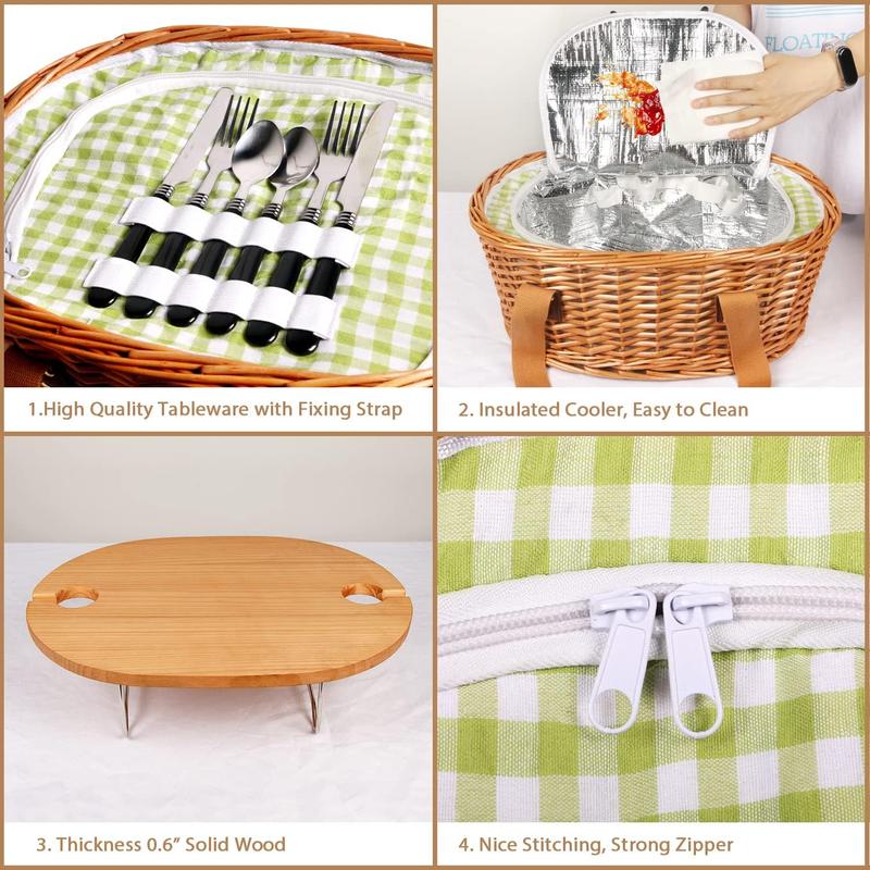 [100% Hand Woven]Hap Tim Wicker Picnic Basket Set for 2 4 Persons | Large Willow Hamper with Large Insulated Cooler Compartment Cutlery Service Kit-Classical Brown  mother's day gift