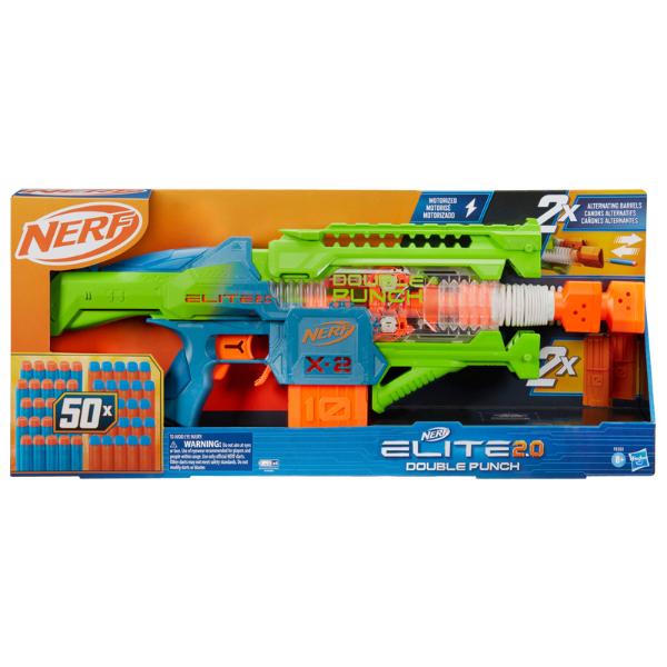 Nerf Elite 2.0 Double Punch Motorized Electronic Blaster, 50 Elite Darts, 2x 10-Dart Clips, Christmas Gifts for Kids,