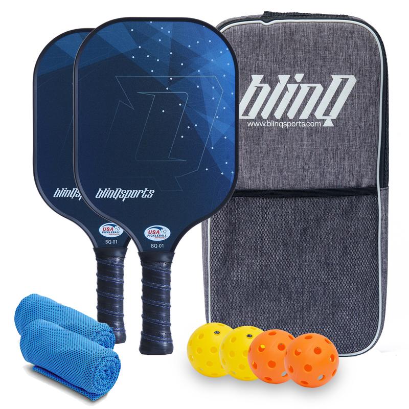 Blinq Sports Pickleball Paddles Set of 2 – USAPA Approved, Lightweight & Sweat Absorbent Grip - includes 2 Pickleball Paddles, 4 Balls, 2 Cooling Towels & Carrying Case Level Players, Black