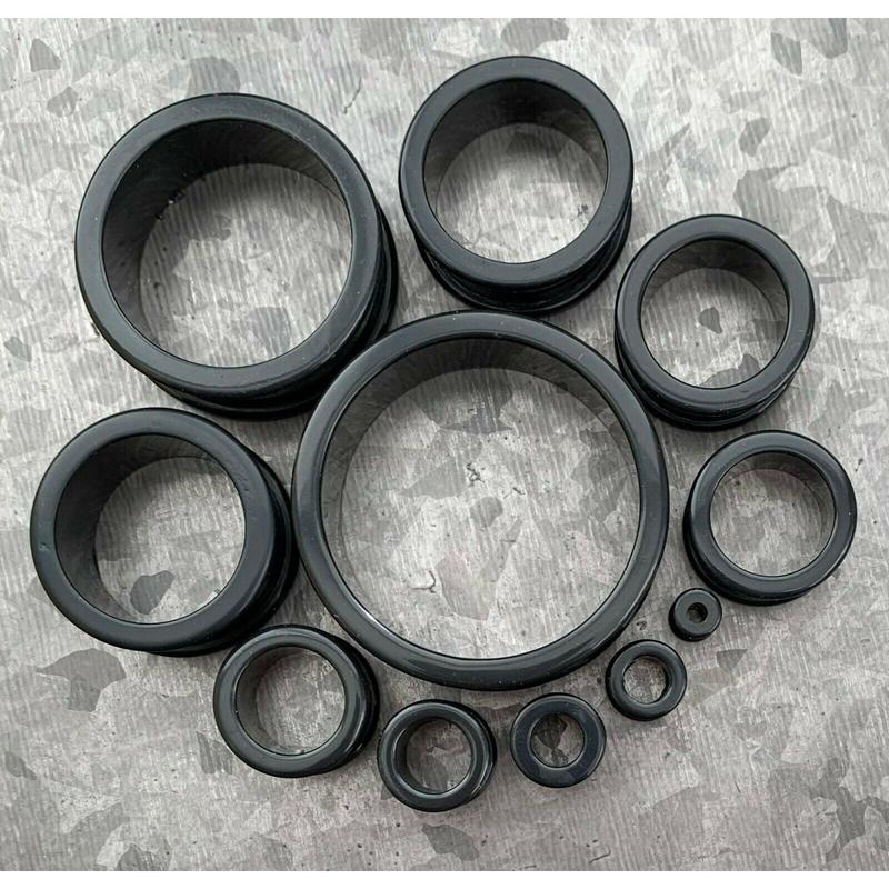 PAIR of Midnight Black Solid Silicone Double Flare Tunnels