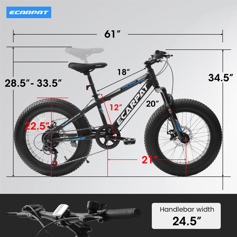 A20316 20 inch Fat Tire Bike Adult Teen Full Shimano 7 Speed Mountain Bike, Dual Disc Brakes, High Carbon Steel Frame, Front Suspension, Mountain Dirt Bike, City Commuter City Bike, Fat Tire Bike