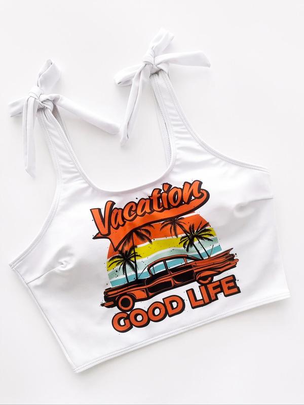 Two-Piece Set Women's Coconut Tree Print Swimsuit Crop Top & High Waist Swim Bottom Swimsuits Sets, Bathing Suits, Tummy Control Swimwear, Tankinis Set for Women, Casual Summer Swimwear Set for Beach Holiday, 2 Piece Sets Women