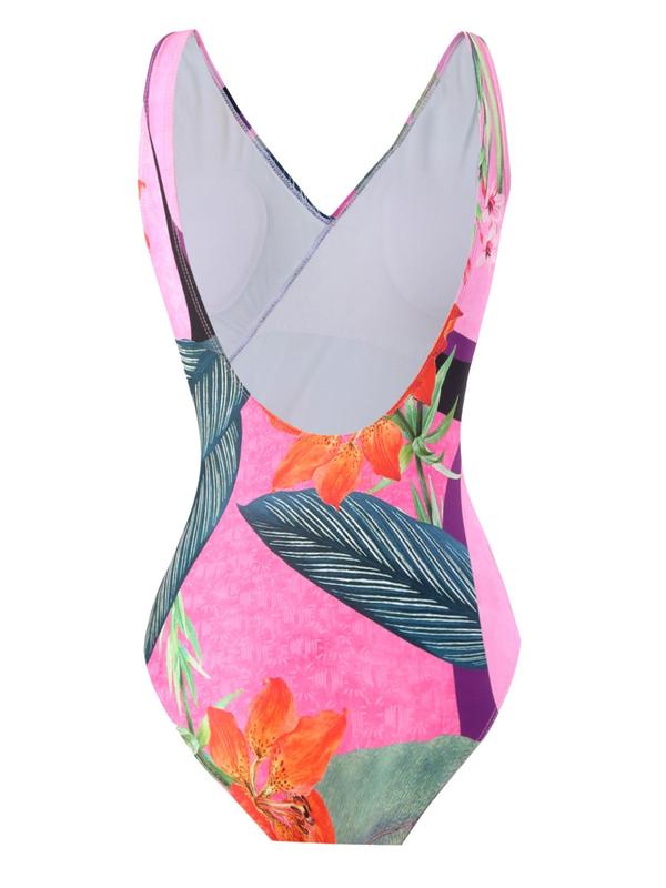 Two-Piece Set Women's Plants Print Swimsuit, Boho Fashion Casual Sleeveless Wrap Plicated One-piece Swimwear & Tie Front Skirt for Beach Holiday Vacation, Ladies Swimsuit for All Seasons