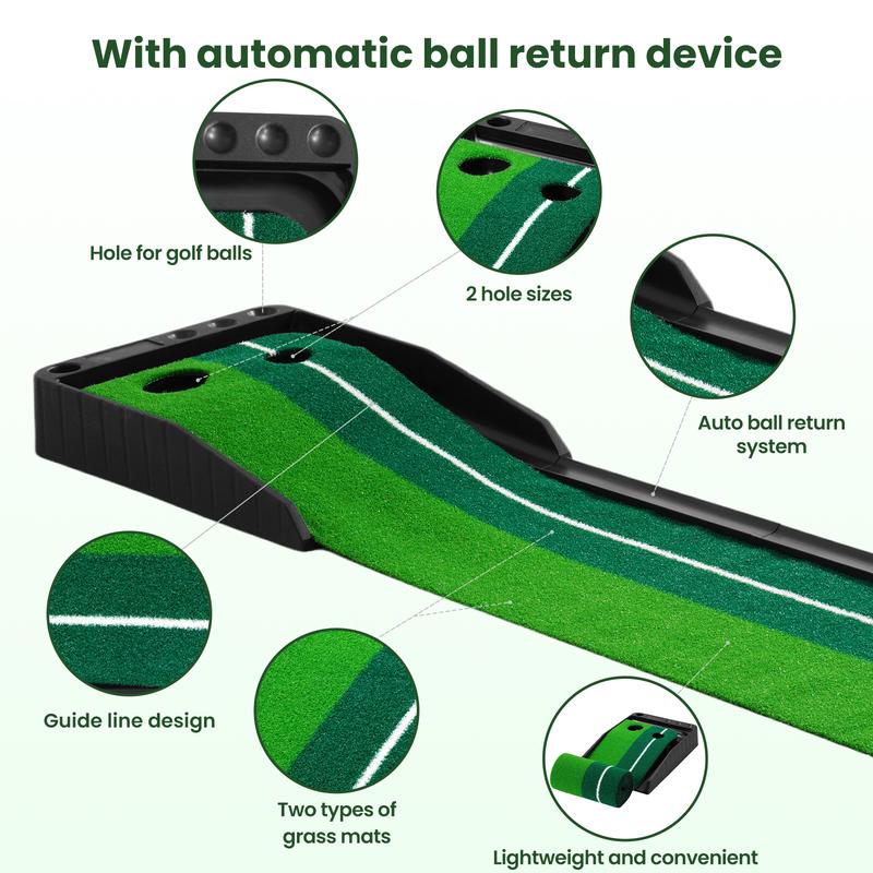 Golf Putting Mat with Auto-Ball Return | Golf Putting Green Mat for Indoor and Outdoor | Golf Training Aid | Double-hole Design with Guide Line and Attached Flap | Golf Accessories