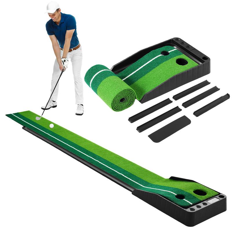 Golf Putting Mat with Auto-Ball Return | Golf Putting Green Mat for Indoor and Outdoor | Golf Training Aid | Double-hole Design with Guide Line and Attached Flap | Golf Accessories