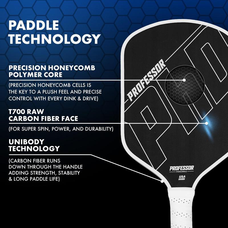 Professor PhD Raw Carbon Fiber Pickleball Paddle - 16MM - USA Pickleball Approved - Honeycomb Core - Power & Control