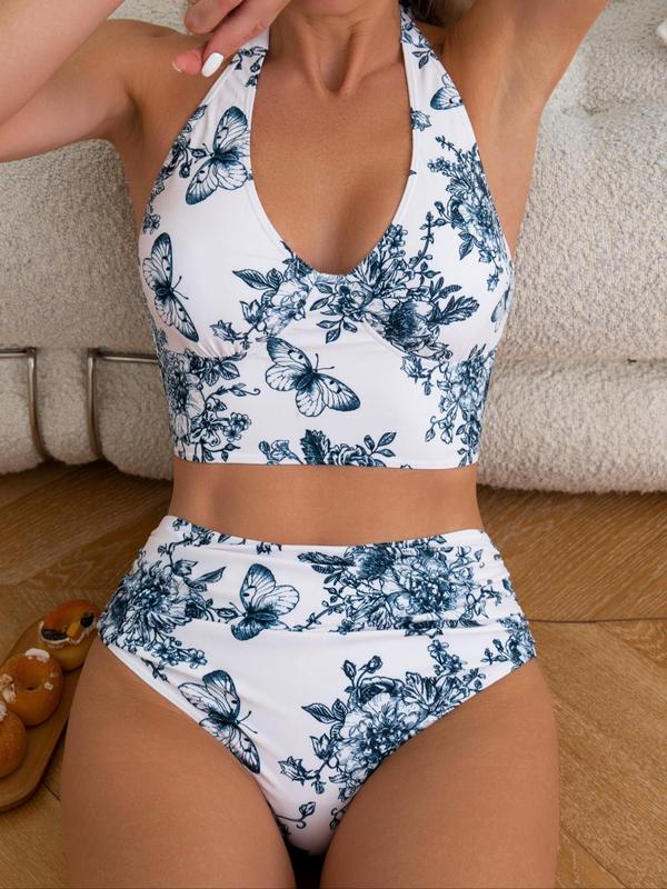 Two-Piece Set Women's Butterfly & Floral Print Lace Up Bikinis Set, Casual Halter Neck Backless Swim Top & High Waist Swim Panty, Back-to-School Clothing, Ladies Summer Swimwear for Beach Holiday Vacation