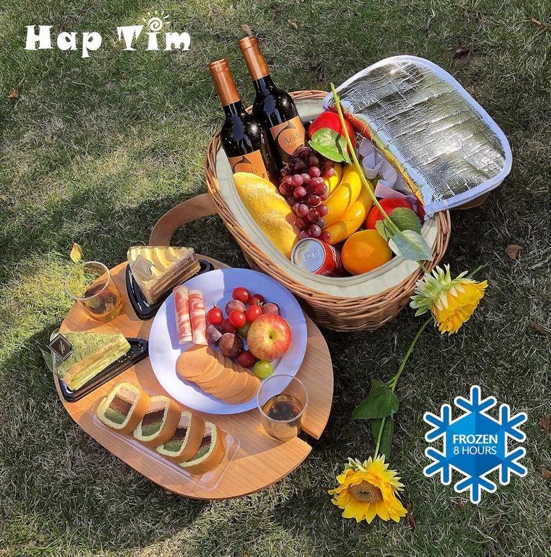 [100% Hand Woven]Hap Tim Wicker Picnic Basket Set for 2 4 Persons | Large Willow Hamper with Large Insulated Cooler Compartment Cutlery Service Kit-Classical Brown mother's day gift