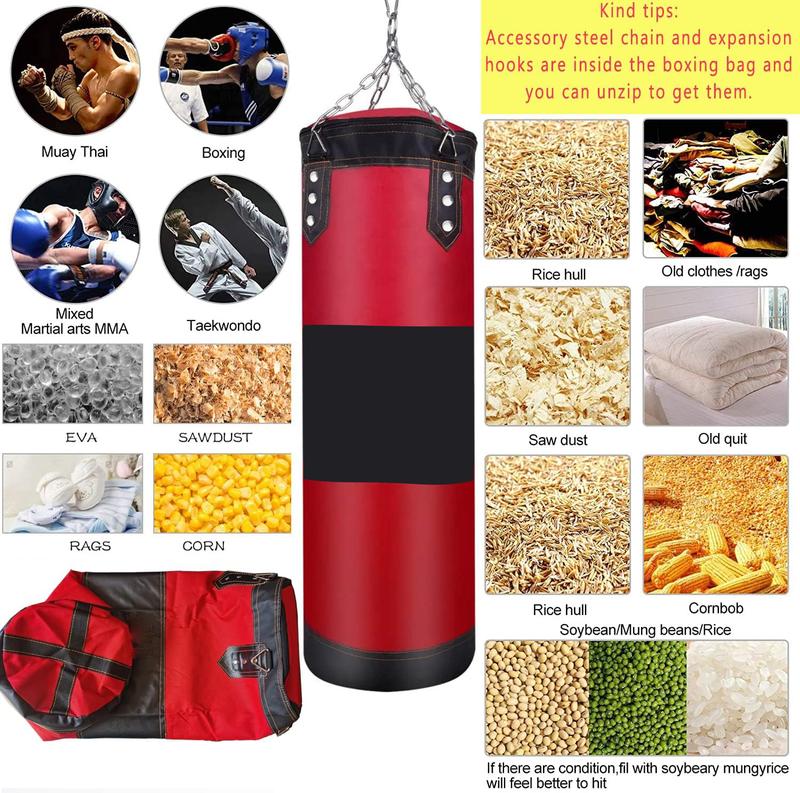 Unfilled Boxing Bag Hanging Heavy Punching Bag Boxing Set Adult with Punching Bag Hangers Hand Wraps for Kids Adults Youth Training Karate Taekwondo Kickboxing Muay Thai Indoor