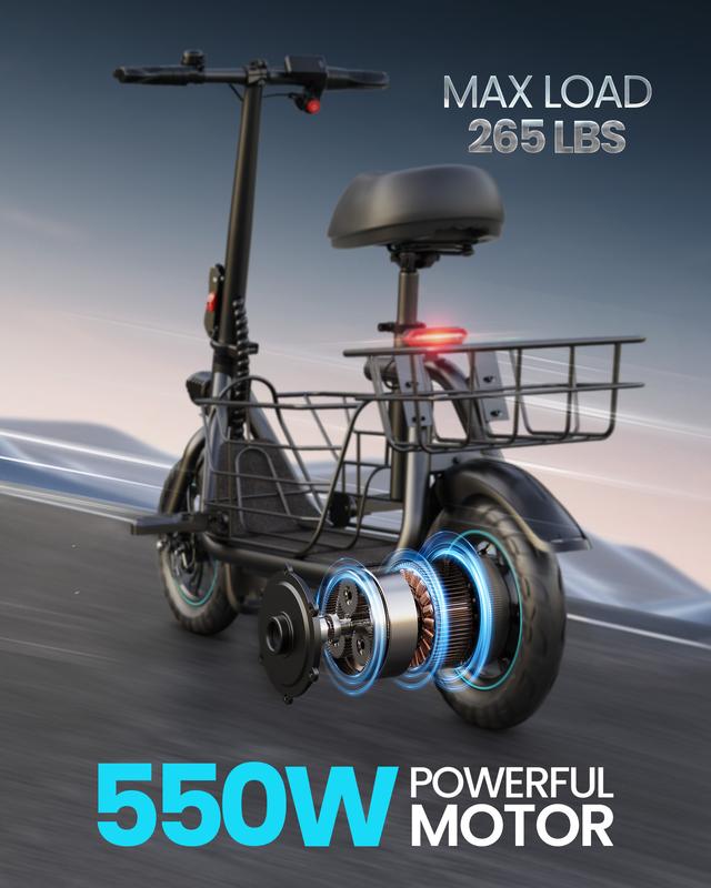 Electric Scooter with Seat for Adults, 550W Powerful Motor, 20-Mile Range, Speed up to 18.6MPH, Ample Storage for Pets & Cargo, Electrically-Powered Motor Scooters