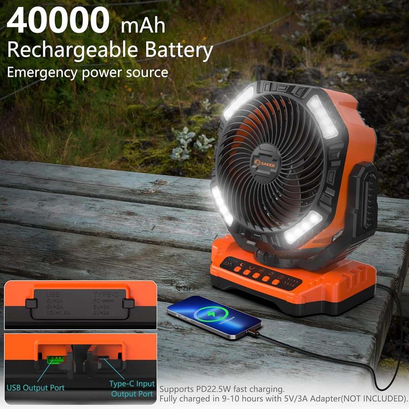 Saker Rechargeable Camping Fan - 40000mah battery powered tent fan, perfect for gifts to friends. Charging Blades Cable