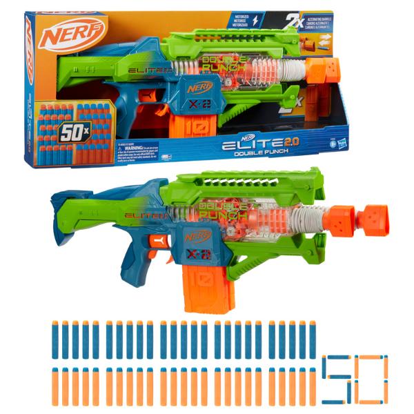 Nerf Elite 2.0 Double Punch Motorized Electronic Blaster, 50 Elite Darts, 2x 10-Dart Clips, Christmas Gifts for Kids,