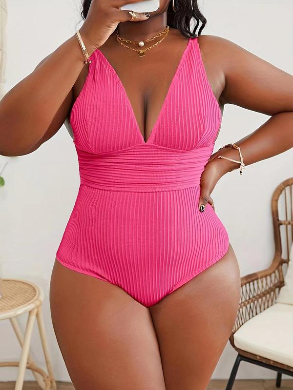 Plus Size Solid Color V Neck One-Piece Tank Swimsuit, Plus Women's Sexy Sleeveless Ribbed Swimwear for Summer, Plus Ladies One Piece Swimsuit for Beach Holiday Vacation