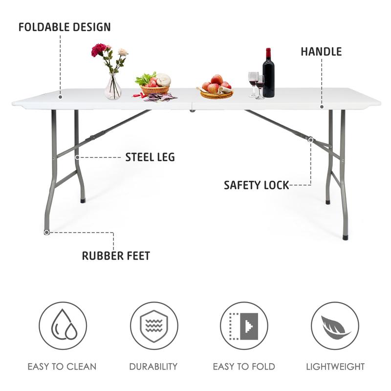 6ft Portable Folding Plastic Table for 6-8 Picnic Dining Table 71