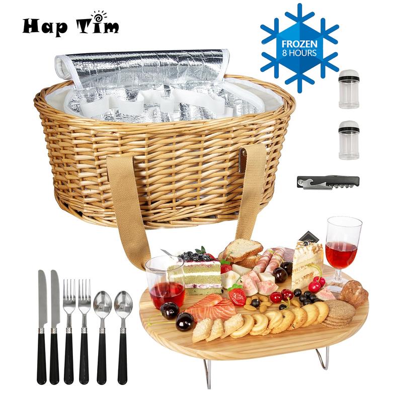 [100% Hand Woven]Hap Tim Wicker Picnic Basket Set for 2 4 Persons | Large Willow Hamper with Large Insulated Cooler Compartment Cutlery Service Kit-Classical Brown  mother's day gift