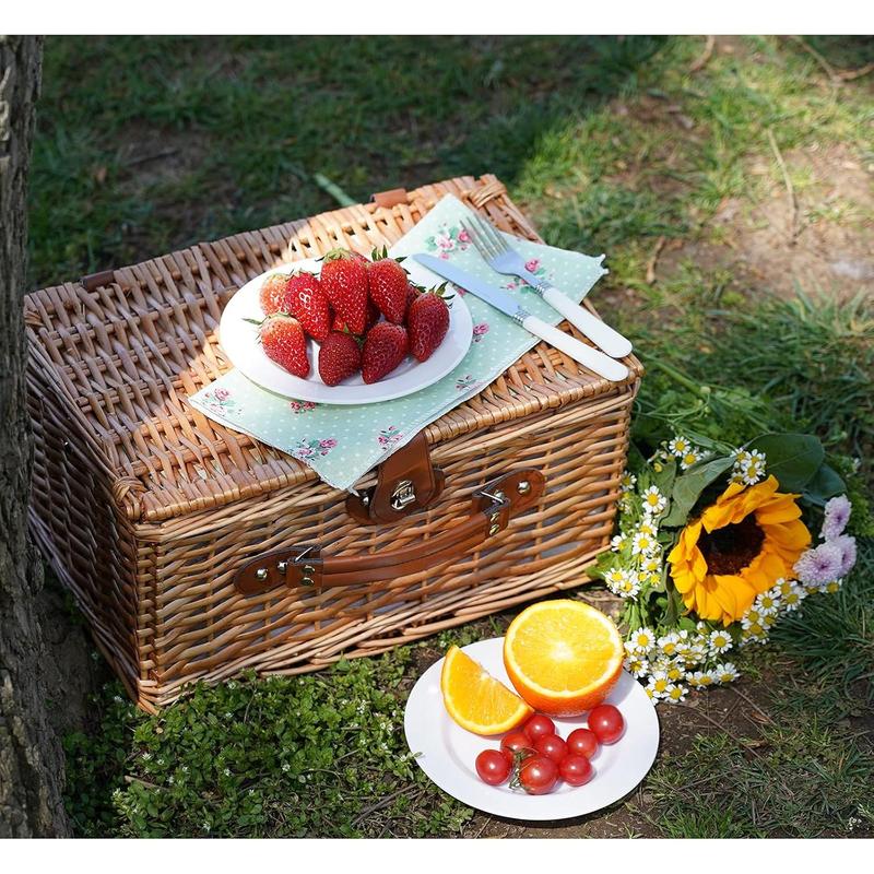 Picnic Basket for 2, Handmade Willow Hamper Basket Sets 2 Person Picnic Basket with Utensils Cutlery Perfect for Picnic, Camping