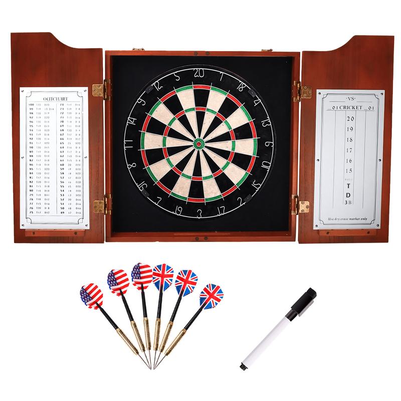 Dartboard Cabinet with Sisal Bristle Dartboard, Dart Scoreboard, and Steel Tip Darts