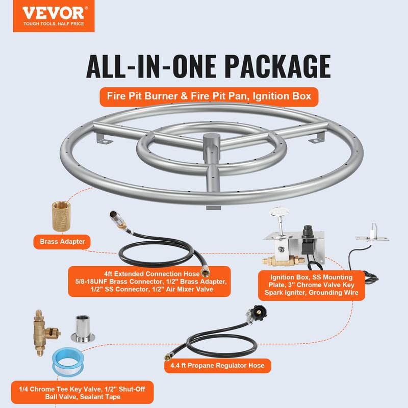 VEVOR 18 inch Round Drop-in Fire Pit Pan, Stainless Steel Fire Pit Burner Kit, Natural & Propane Gas Fire Pan with 150,000 BTU for Indoor or Outdoor Use