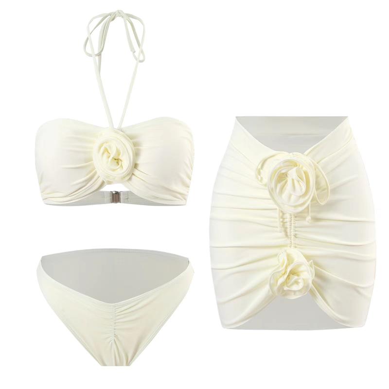 Aprilake Women’s 3 Piece Swimsuit with Mini Skirt Sexy Halter Bathing Suit 3D Flower Bikini