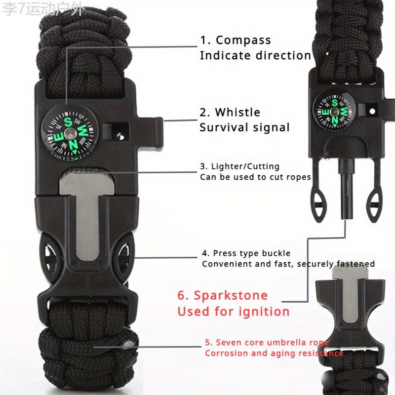 5-in-1 Survival Bracelet: Compass, Whistle, Fire Starter, Cutting Tool, and Emergency Rope for Hiking and Camping