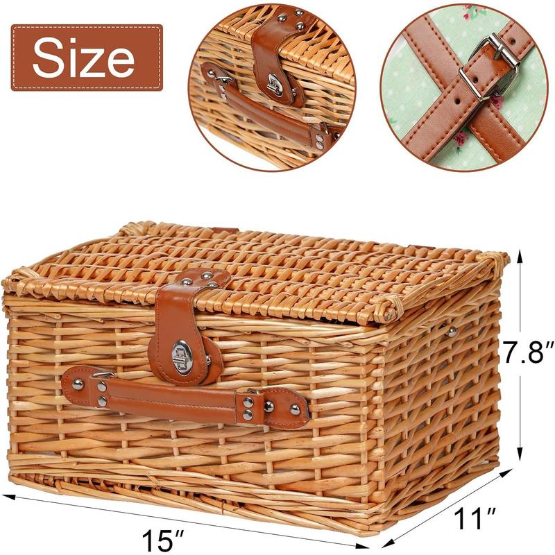 Picnic Basket for 2, Handmade Willow Hamper Basket Sets 2 Person Picnic Basket with Utensils Cutlery Perfect for Picnic, Camping