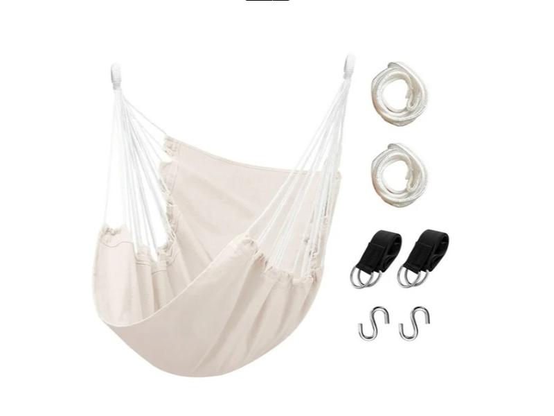 Hammock Chair Hanging Rope Hammock Swing Chair with Pocket- Perfect for Outdoor, Beige