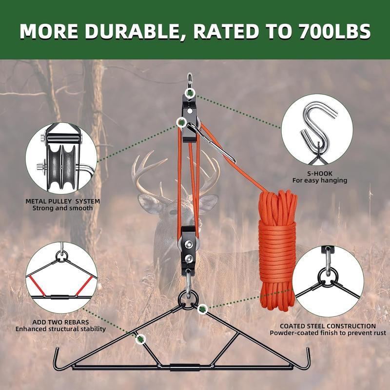 Deer Hoist, Deer Hanger Pulley Lift System Rated to 700 Lbs, Gambrel for Skinning with Wear-Resistant Tangle-Free Rope, Deer Hunting Accessories for Hanging White-Tailed Deer Elk Caribou