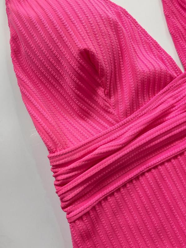 Plus Size Solid Color V Neck One-Piece Tank Swimsuit, Plus Women's Sexy Sleeveless Ribbed Swimwear for Summer, Plus Ladies One Piece Swimsuit for Beach Holiday Vacation