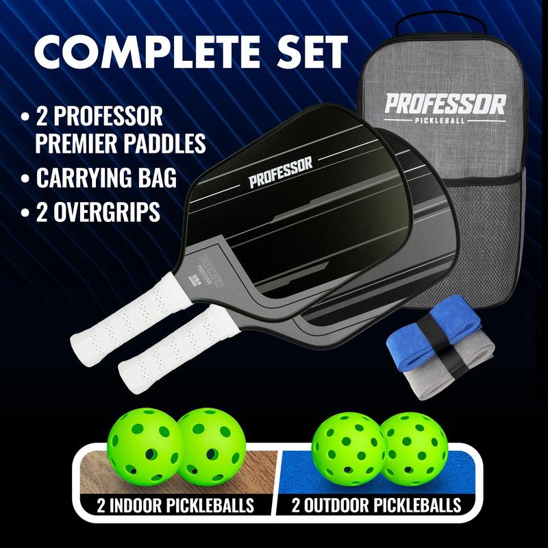 Professor Premier Pickleball Paddle Set of 2 Fiberglass Paddles, 4 Balls, Carrying Bag & Grips - 2025 USAPA Approved