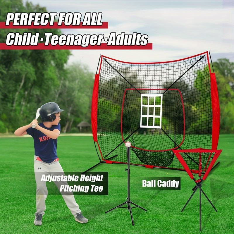 7'x 7' Baseball Backstop Softball Practice Net For Hitting And Pitching, Batting, Catching, With Batting Tee, Strike Zone, Carrying Bag, Bow Frame