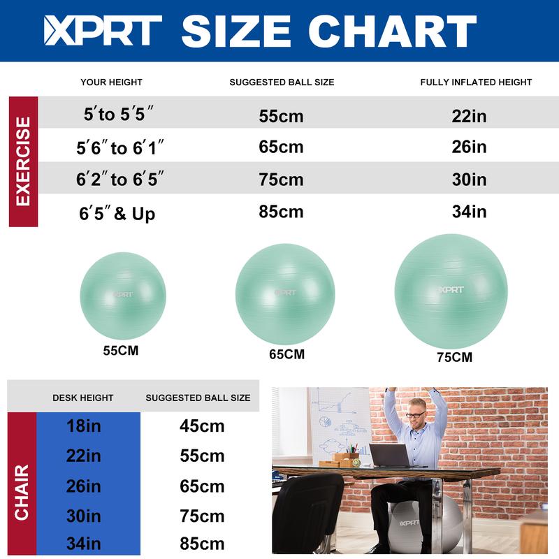 XPRT Exercise Ball - Yoga Ball in 75 CM Sizes for Workout, Pregnancy, Stability - 5 colors - Anti-Burst Swiss Balance Ball w Quick Pump - Fitness Ball Chair for Office, Home, Gym