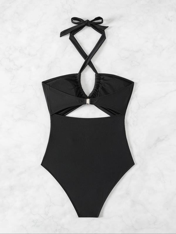 Women's Criss Cross Cut Out One-Piece Swimsuit, Chic Ruched Tie Back Halter Swimwear, Ladies Summer Clothes