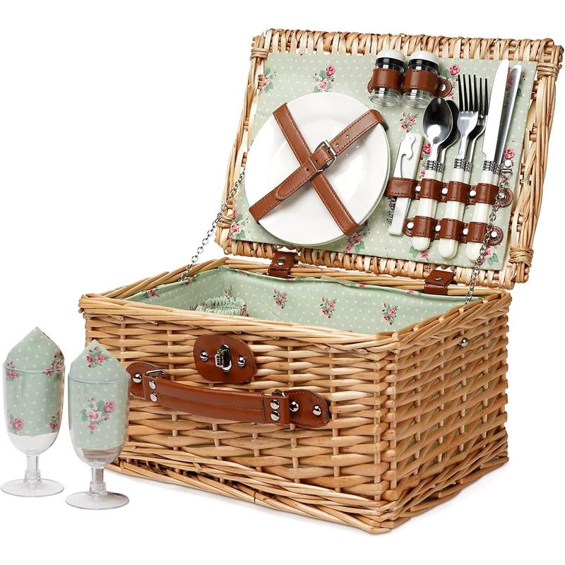 Picnic Basket for 2, Handmade Willow Hamper Basket Sets 2 Person Picnic Basket with Utensils Cutlery Perfect for Picnic, Camping