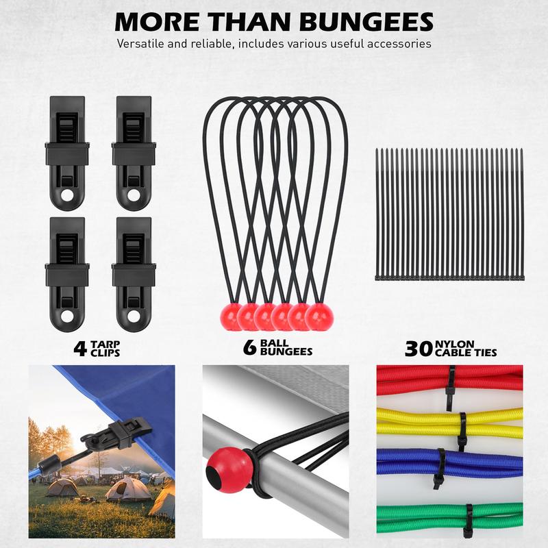 60 Assorted Sizes of Bungee Cords - 10“ 18” 24“ 32” 40” Heavy Duty Outdoor Bungee Cords with Hooks, Large, Medium, Small and Mini Straps