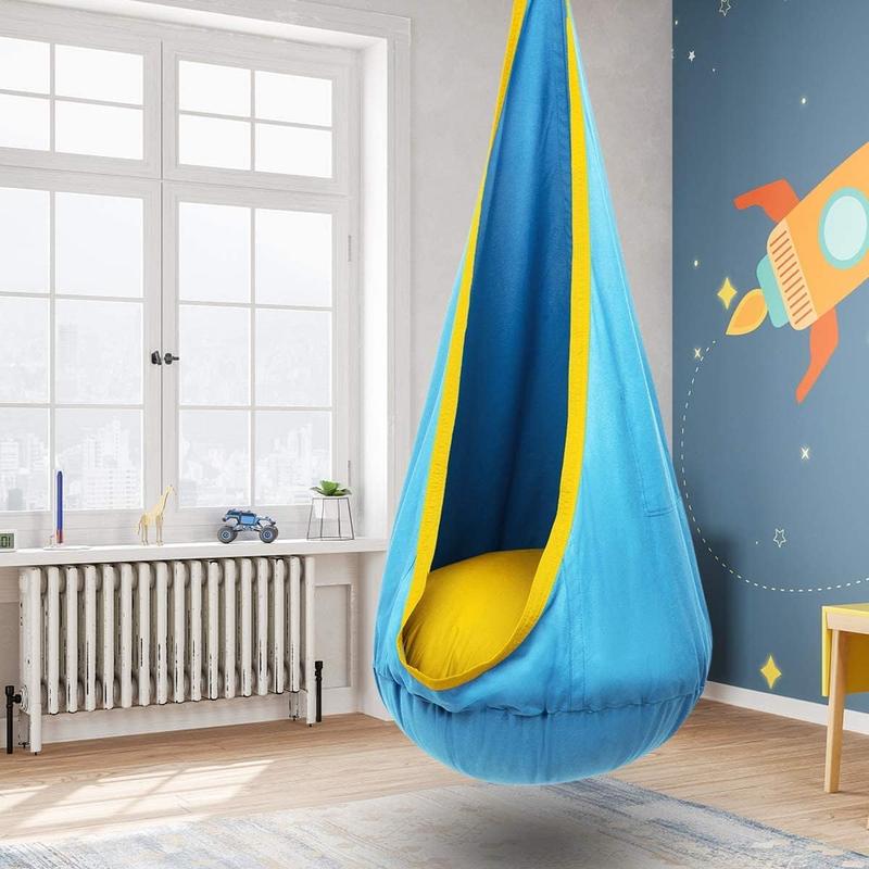 Pod Swing Chair, Hanging Hammock Chair with Inflatable Pillow, Sensory Pocket for Outdoor and Indoor, Max 176Lbs(Blue Yellow)