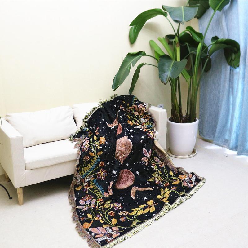 Boho Moon Print Tassel Throw Blanket, Soft Comfortable Camping Blanket, Multifunctional Bedding for Home & Outdoor Camping