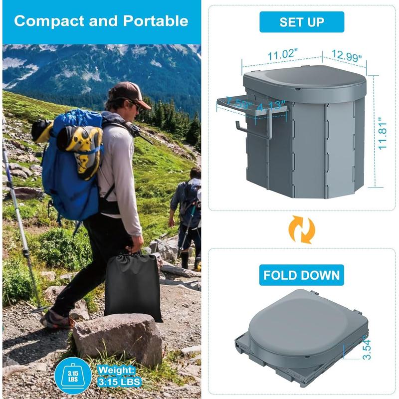 Portable Camping Toilet, Foldable Toilet for Adults with Detachable Phone Shelf and Toilet Paper Holder,  Porta Potty with Lid for Camping, Hiking, RV Travel, Road Trips