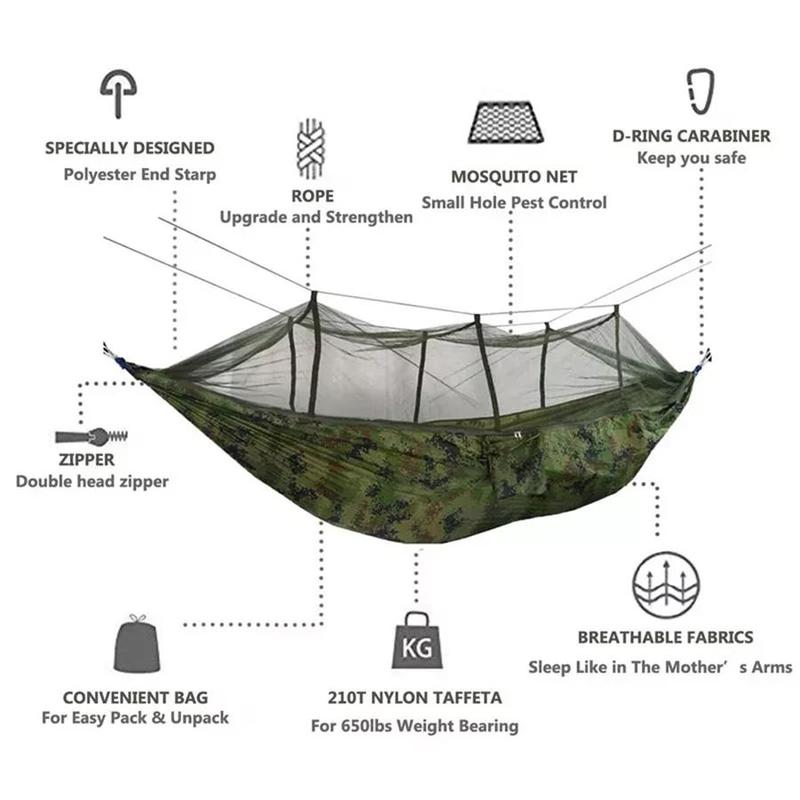 Double Hammock with Mosquito Net, 1 Set Lightweight Nylon Hammock, Outdoor Camping Hammock, Camping & Hiking Equipment