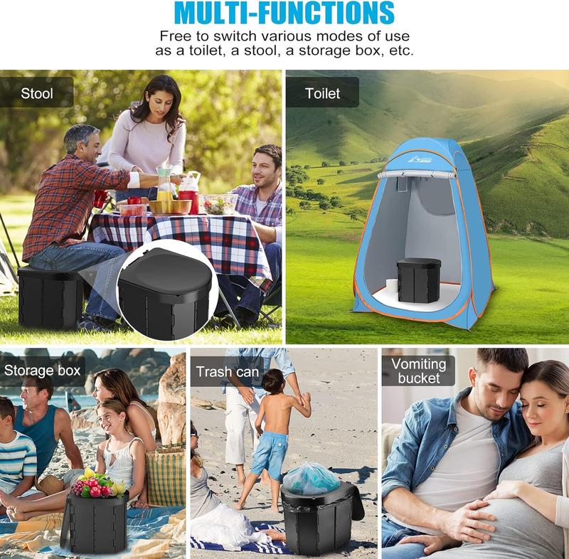 Portable Camping Toilet, Folding Toilet for Adults with Lid and Retractable Toilet Paper Holder, Waterproof Porta Potty with Carry Bag and Disposible Liners for Camping, Hiking, RV Travel, Road Trips