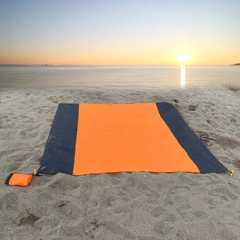 Waterproof & Sand-proof Beach Blanket, Foldable Beach Mat with 4 Corner Stakes for Outdoor Camping, Travel, Vacation, Hiking