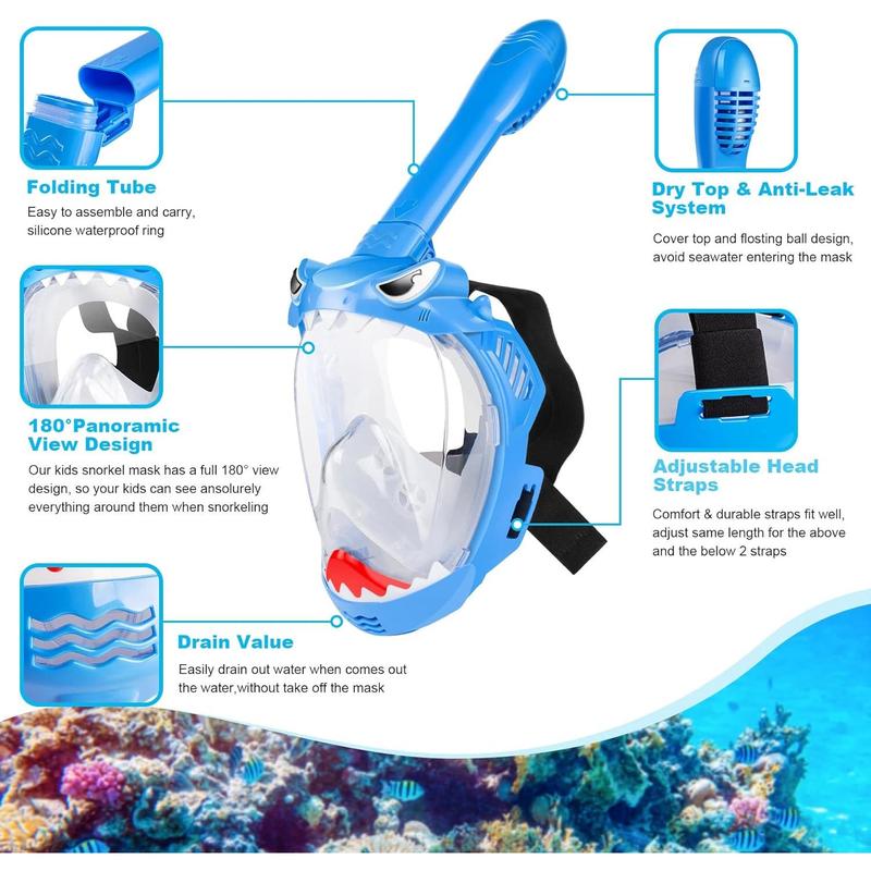 Full Face Snorkel Mask for Kids, Kids Snorkeling Set 180 Degree Panoramic View, Safe Anti-Leak Anti-Fog, Foldable Dry Top Snorkeling Gear for Kids Adult