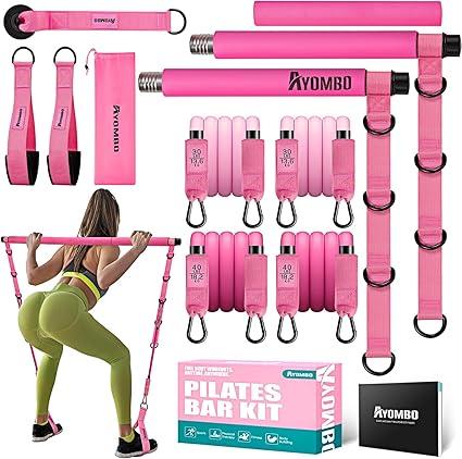 Pilates Bar Kit with Resistance Bands, Pilates Workout Equipment for Legs, Hip, Waist, Arm, Squats Exercise Equipment for Home Workouts, Adjustable 3-Section Pilates Bar Kit for Women & Men