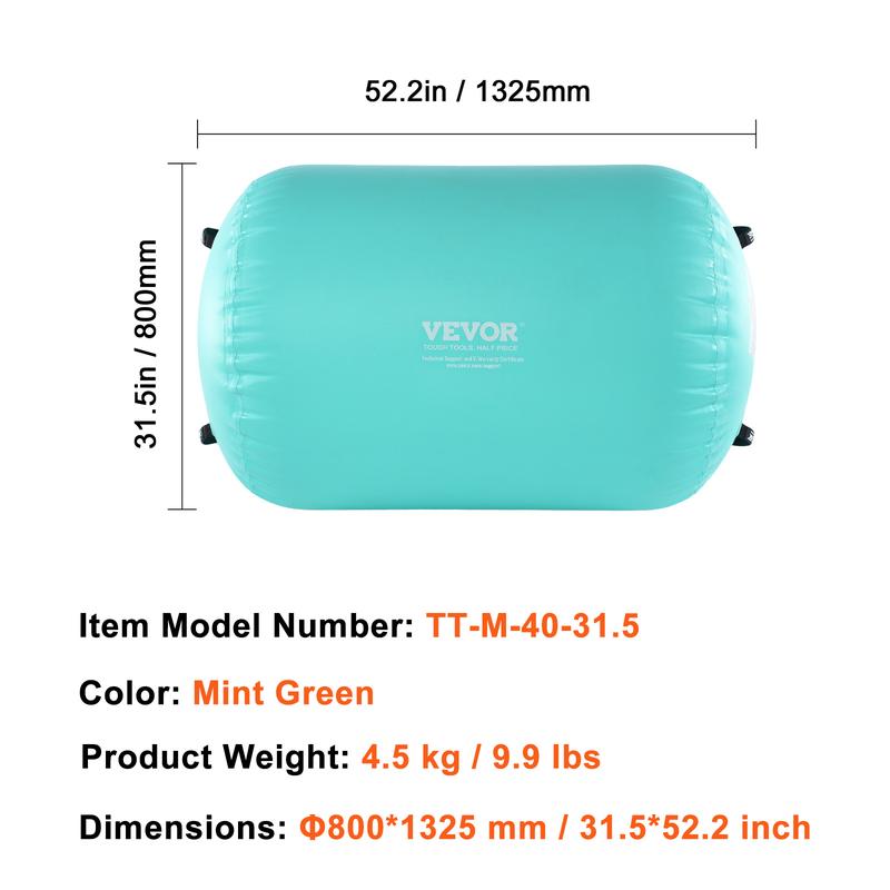 VEVOR Air Mat Tumble Track Air Spot, Round Inflatable Air Roller, Air Barrel Gymnastic Equipment with Electric Pump, Tumbling Backbend Trainer for Home Use Gym Yoga Cheerleading Park Water, Mint Green