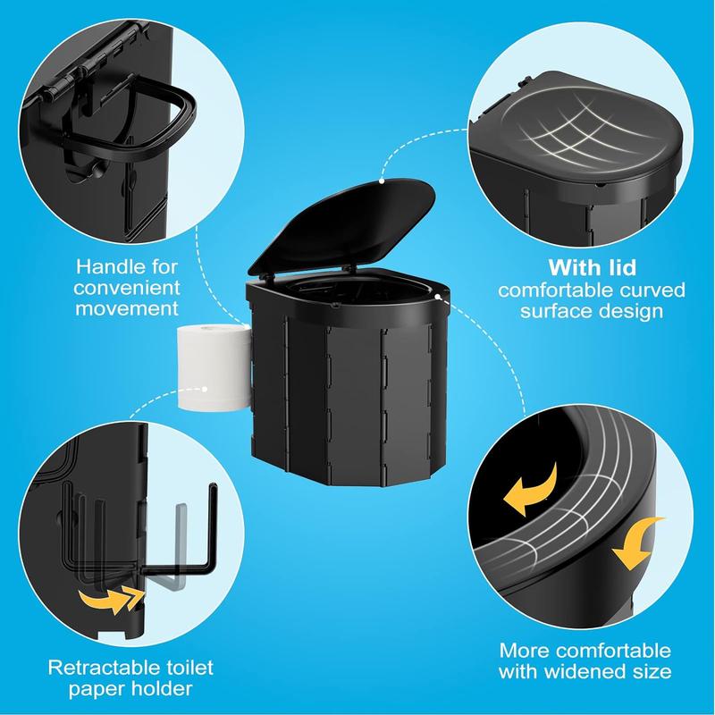 Portable Camping Toilet, Folding Toilet for Adults with Lid and Retractable Toilet Paper Holder, Waterproof Porta Potty with Carry Bag and Disposible Liners for Camping, Hiking, RV Travel, Road Trips