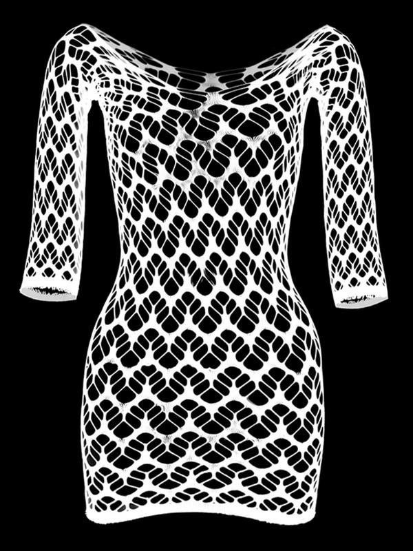 Women's Cut Out Sheer Fishnet Cover Up Dress, Solid Long Sleeve Scoop Neck Bodycon Cover Up Dress, Ladies Summer Beach Holiday Vacation Swimwear